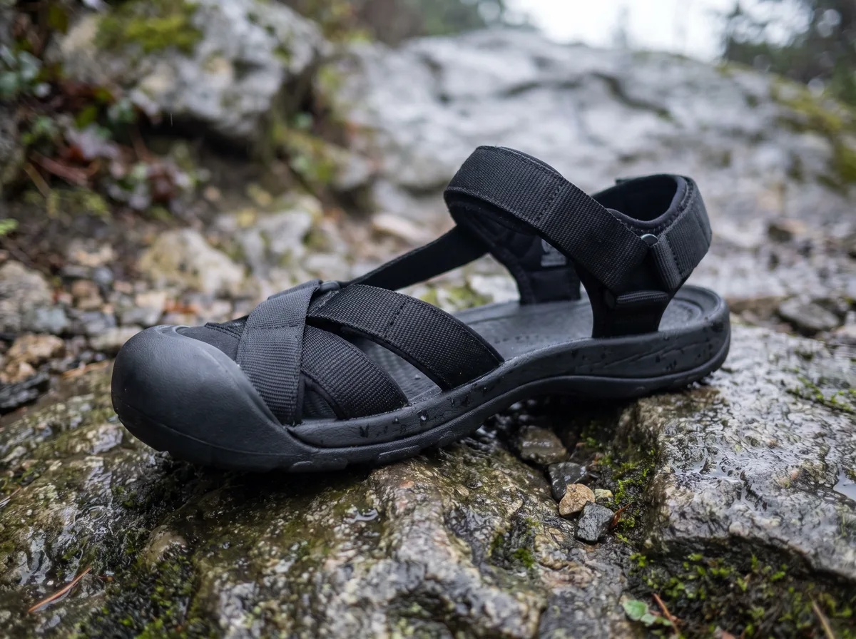 A closed-toe sport sandal with a moulded rubber toe bumper, on wet trail rock.