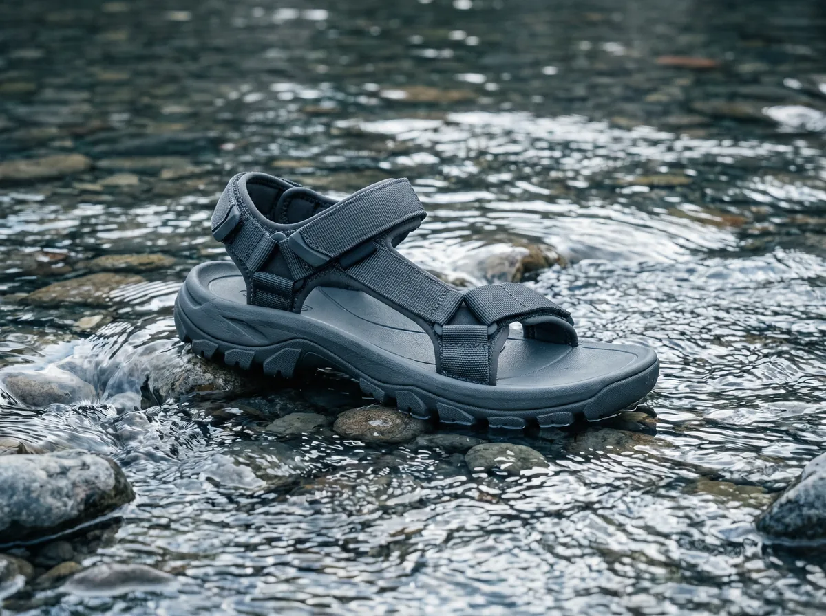 An open-toe hiking sandal with a lugged sole, standing in shallow river water.